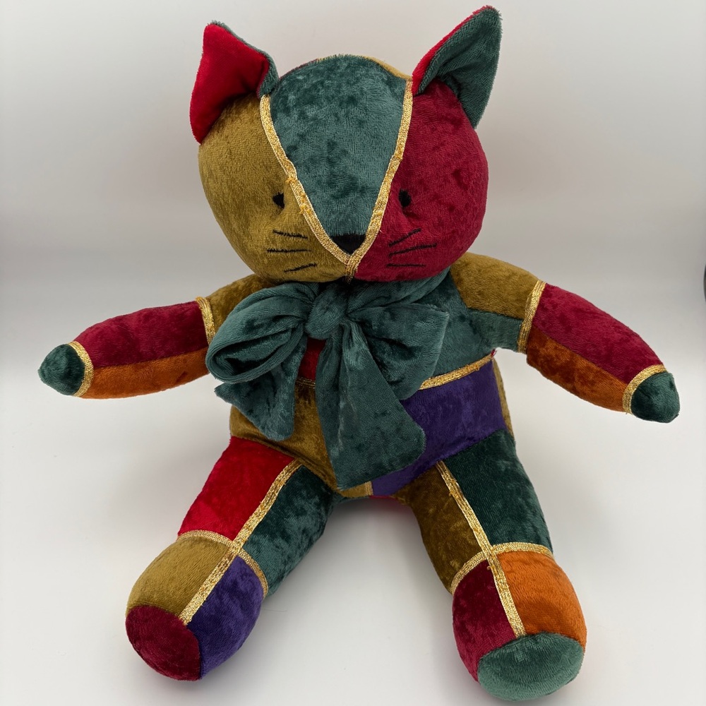 Pier 1 Imports Holiday Plush Cat  Jewel Tone Patchwork Velour Stuffed Animal